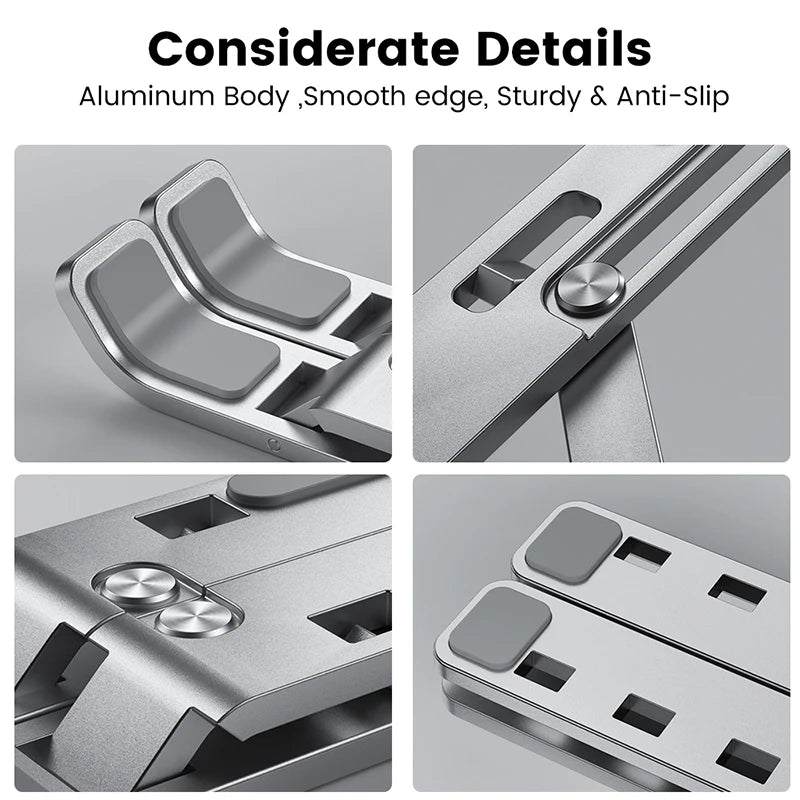 Aluminium Alloy Laptop Stand – Adjustable, Foldable & Portable for Ergonomic Cooling & Non-Slip Support