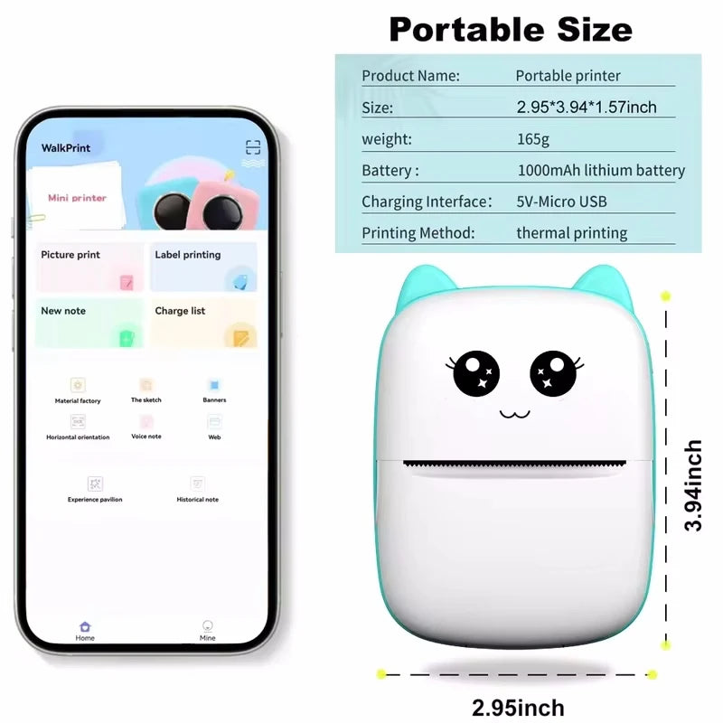 Mini Cat Thermal Printer – Portable 58mm Bluetooth Printer for Photos & Labels (iOS/Android)