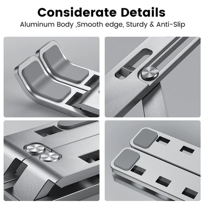 Aluminium Alloy Laptop Stand – Adjustable, Foldable & Portable for Ergonomic Cooling & Non-Slip Support